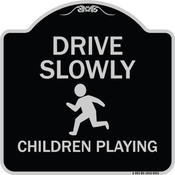 Designer Series-Drive Slowly Children Playing Black & Silver, 18" x 18", BS-1818-9851